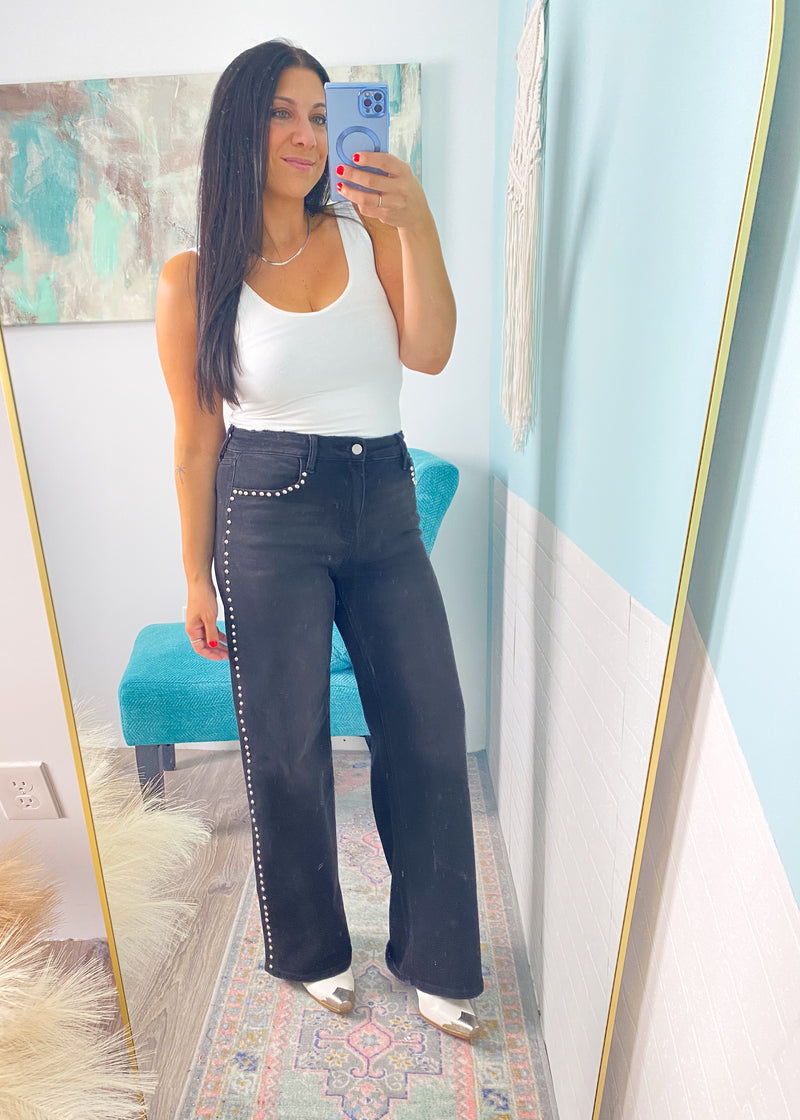 'Rebel Noir' Vervet High Rise Washed Black Studded Wide Leg Jeans - Cali Moon Boutique