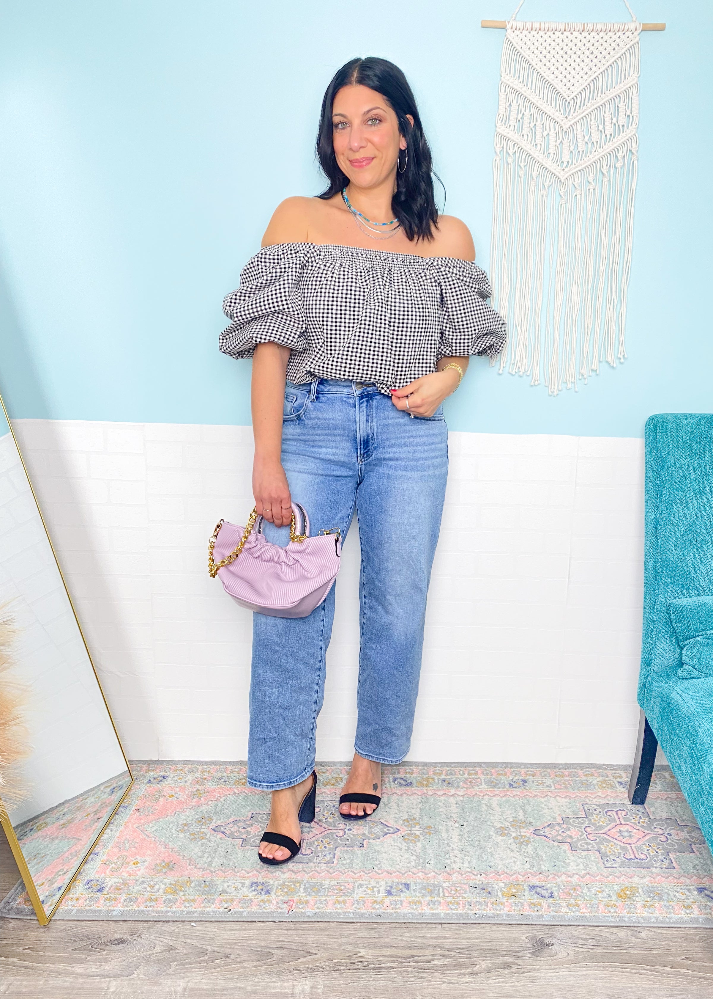 'So Dramatic' Gingham Bubble Sleeve Top