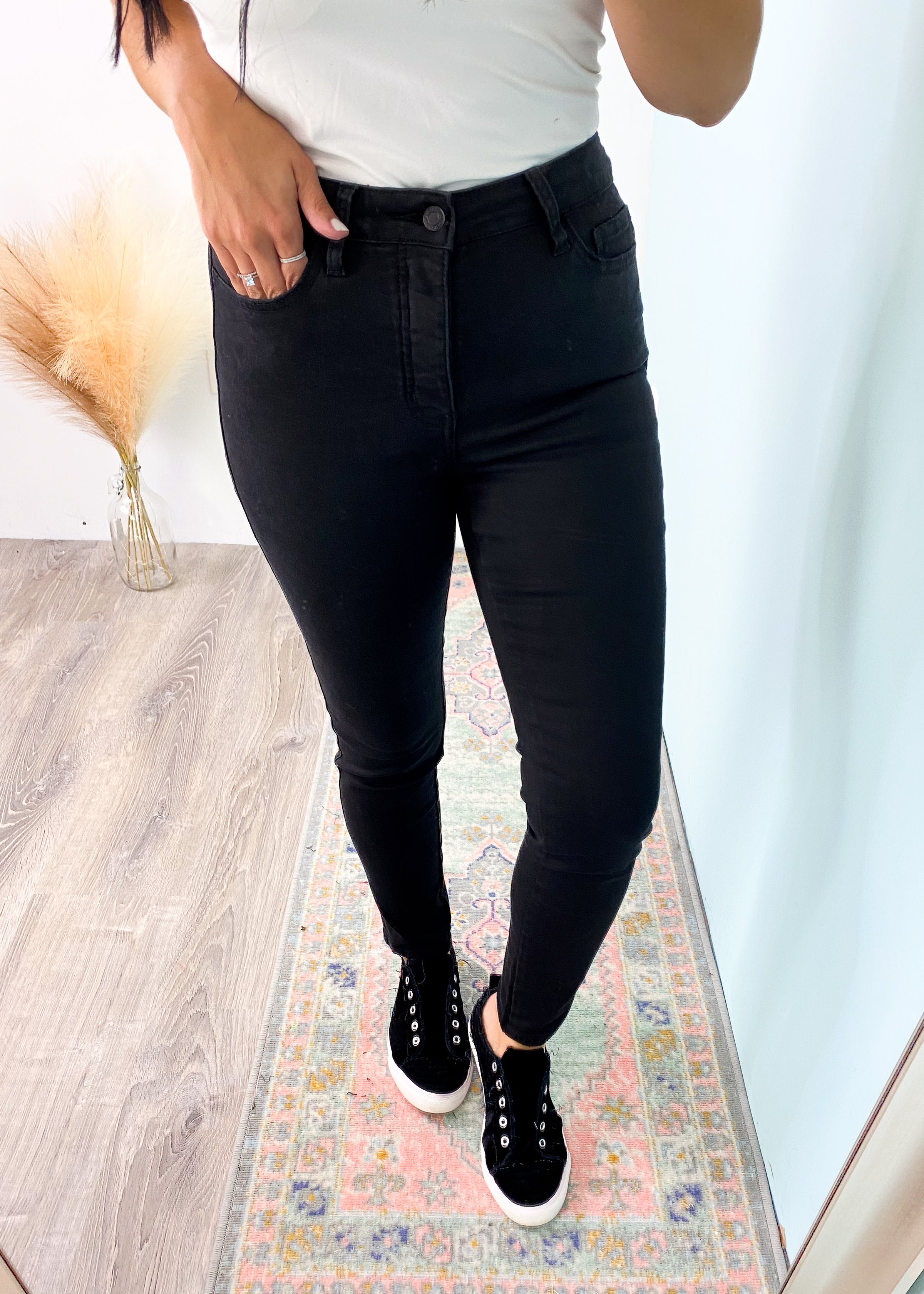 'Shadows' Vervet High Waist Black Ankle Crop Skinny Jeans-These black skinny jeans are the perfect office to night out pair of jeans & have the famous Vervet stretch! With no distressing or whiskering, these can be dressed up or down and worn with almost any color you can think of! A classic that never goes out of style and a must have for your closet! Vervet Jeans-Cali Moon Boutique, Plainville Connecticut