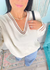 'Prep Rally' Cream Textured Oversized Varsity Stripe Trim Sweater - Cali Moon Boutique