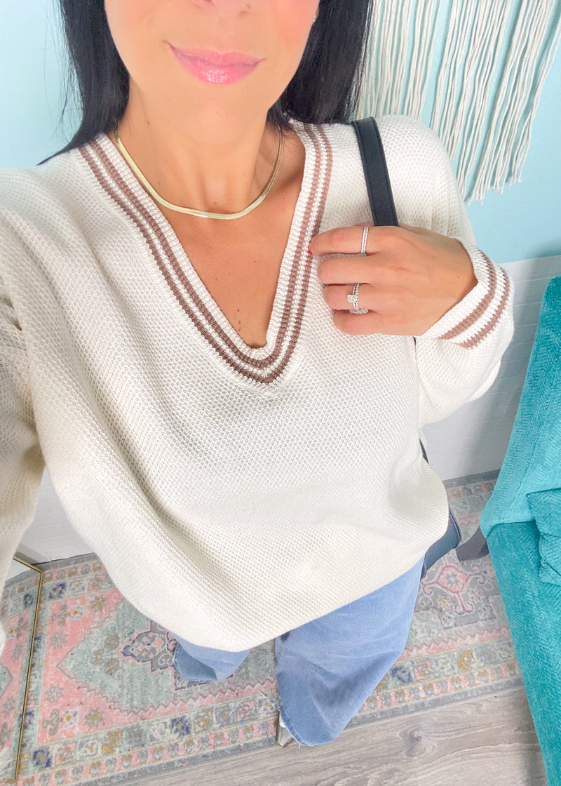 'Prep Rally' Cream Textured Oversized Varsity Stripe Trim Sweater - Cali Moon Boutique