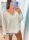 'Prep Rally' Cream Textured Oversized Varsity Stripe Trim Sweater - Cali Moon Boutique