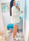 'Prep Rally' Cream Textured Oversized Varsity Stripe Trim Sweater - Cali Moon Boutique