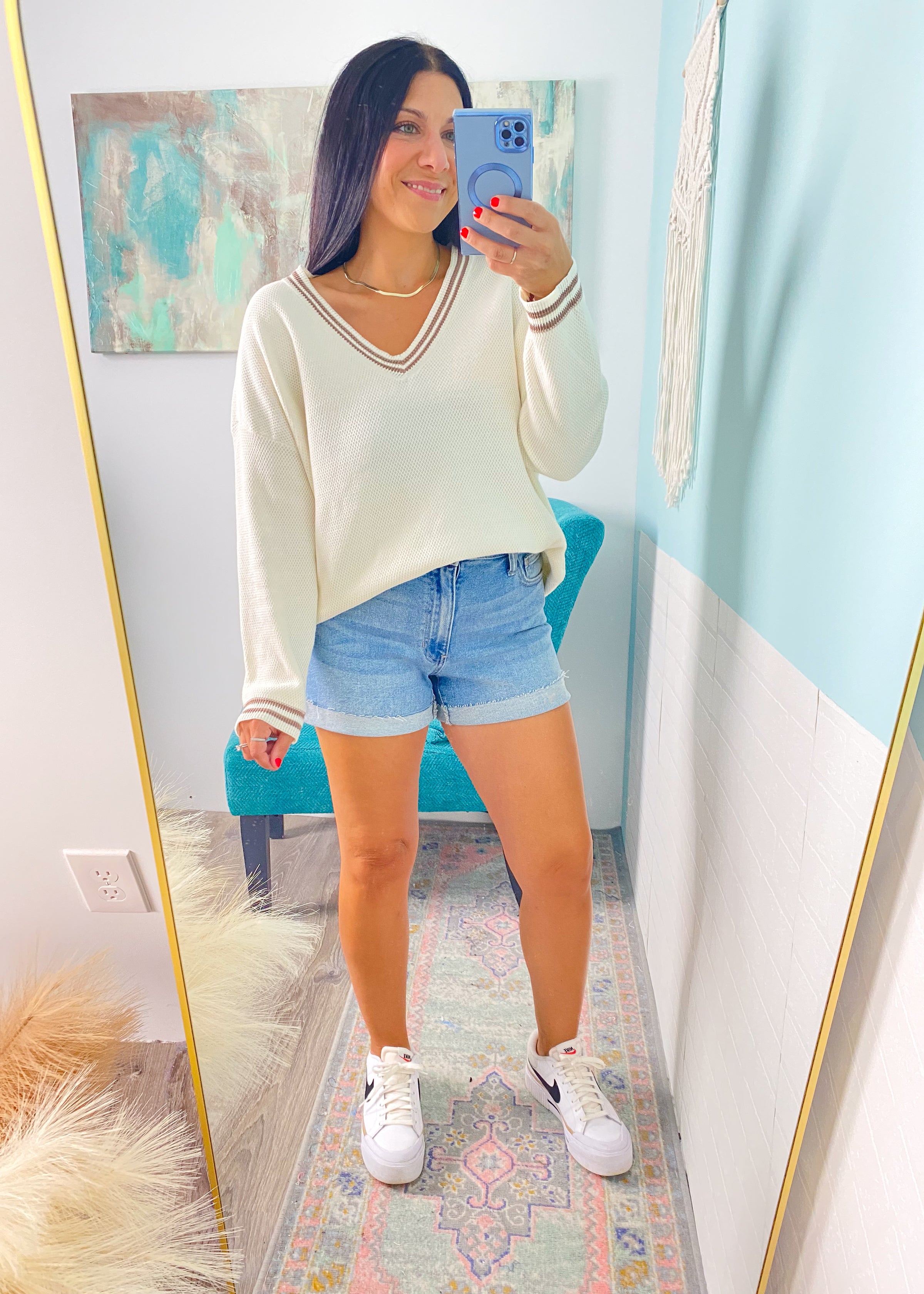 'Prep Rally' Cream Textured Oversized Varsity Stripe Trim Sweater - Cali Moon Boutique