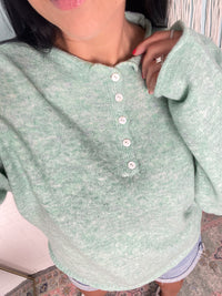 'Penelope' Seafoam Henley Soft Sweater with Rolled Collar - Cali Moon Boutique