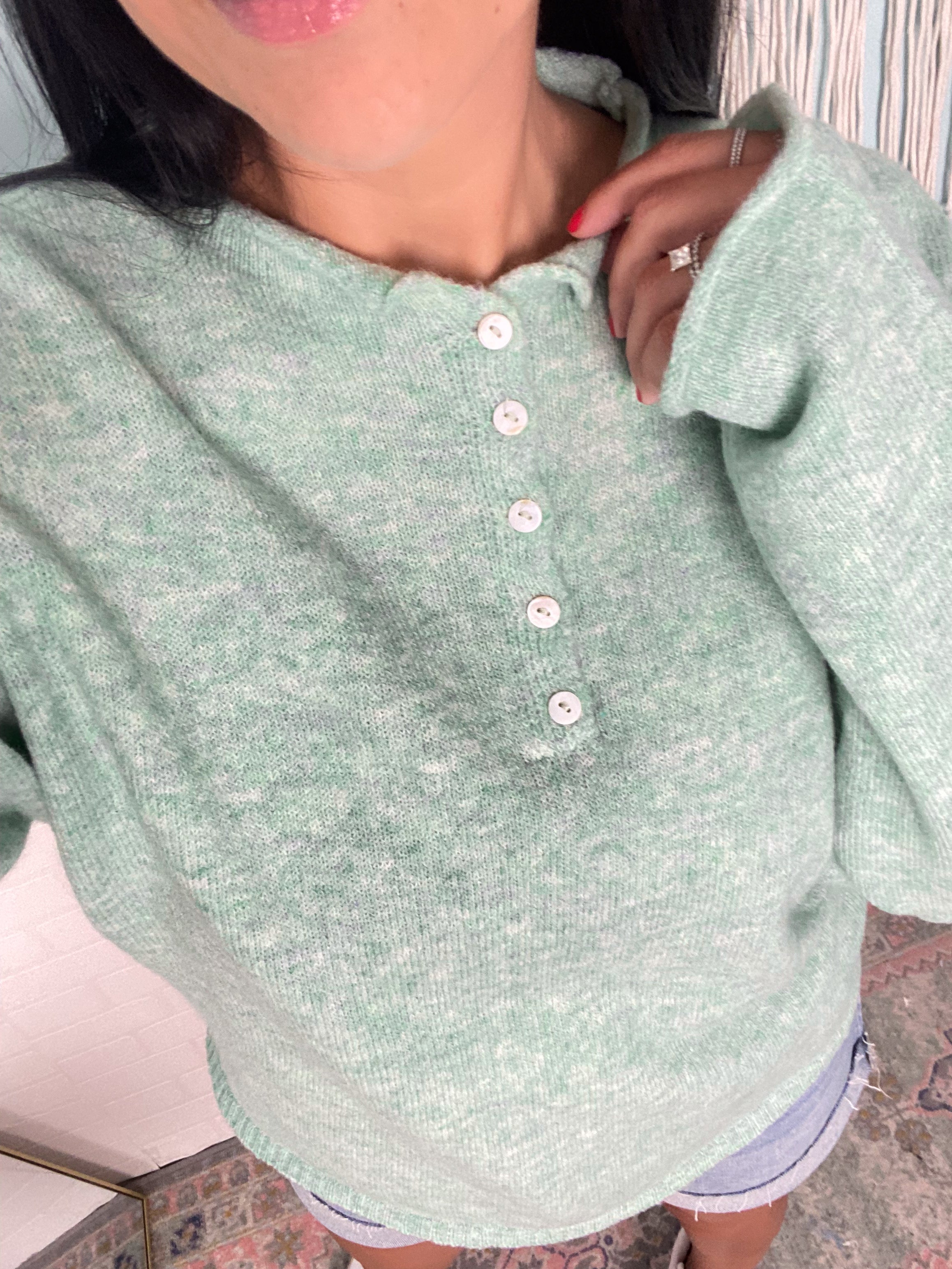 'Penelope' Seafoam Henley Soft Sweater with Rolled Collar - Cali Moon Boutique