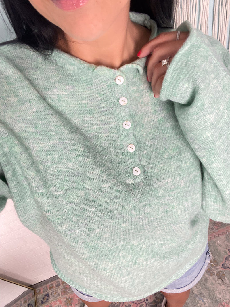 'Penelope' Seafoam Henley Soft Sweater with Rolled Collar - Cali Moon Boutique