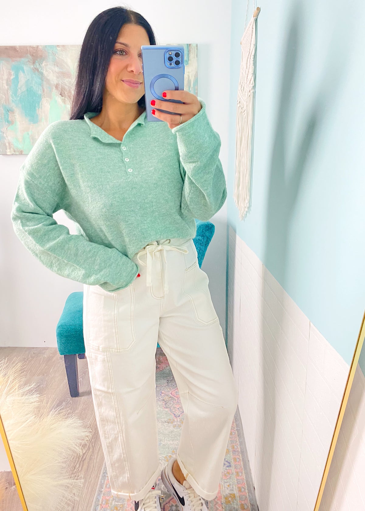 'Penelope' Seafoam Henley Soft Sweater with Rolled Collar - Cali Moon Boutique