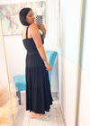 'High Tide' Black Smocked Tiered Midi Dress-Easy, breezy! It doesn't get any easier to put an outfit together than this black smocked top midi dress. It's flowy and can be layered with your favorite button front tops/jackets. Dress it up or wear casual with sneakers &amp; sandals!-Cali Moon Boutique, Plainville Connecticut
