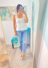 'Brunch Babe' Off White Eyelet Trim Peplum Top