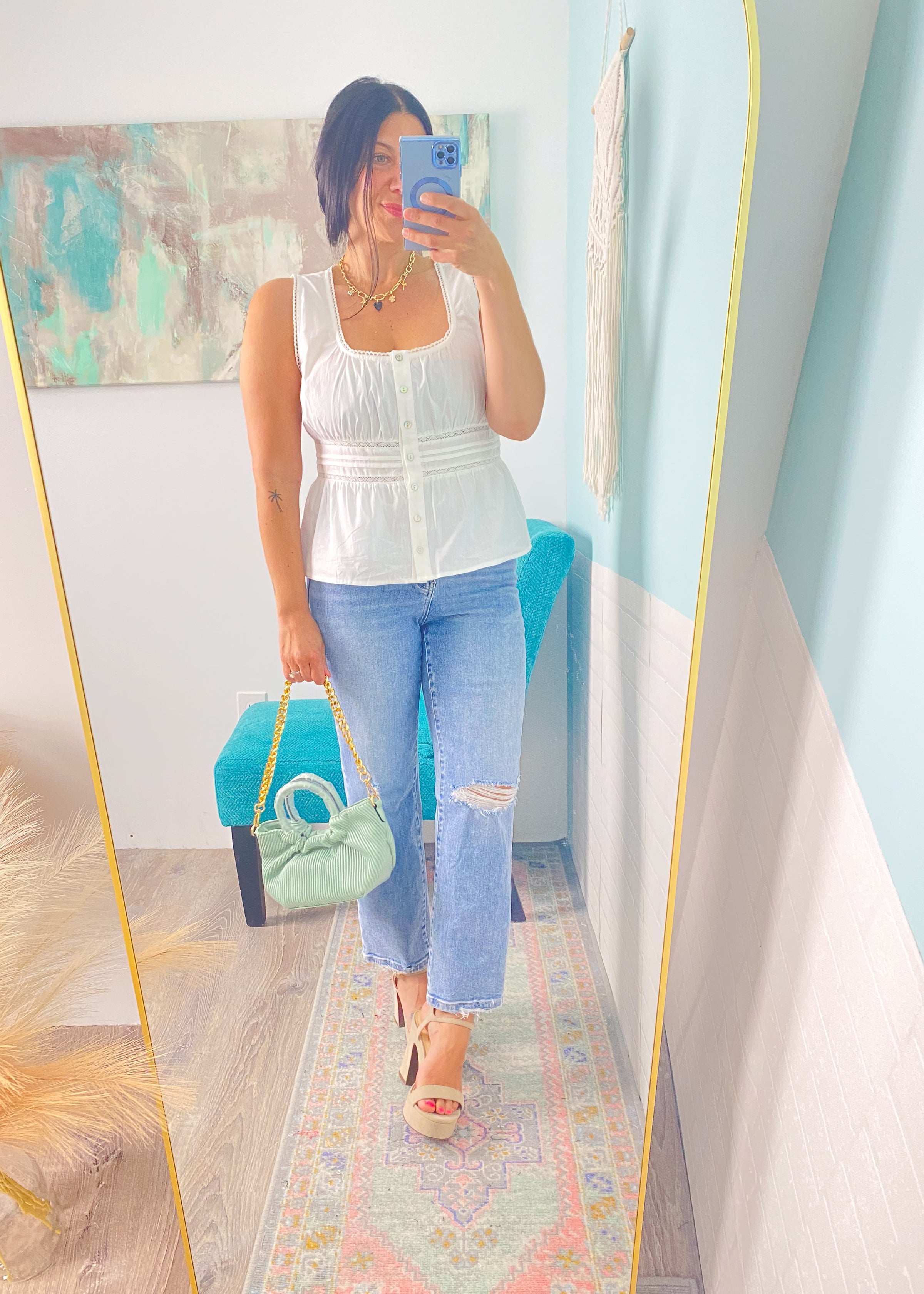 'Brunch Babe' Off White Eyelet Trim Peplum Top