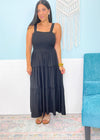 'High Tide' Black Smocked Tiered Midi Dress-Easy, breezy! It doesn't get any easier to put an outfit together than this black smocked top midi dress. It's flowy and can be layered with your favorite button front tops/jackets. Dress it up or wear casual with sneakers &amp; sandals!-Cali Moon Boutique, Plainville Connecticut