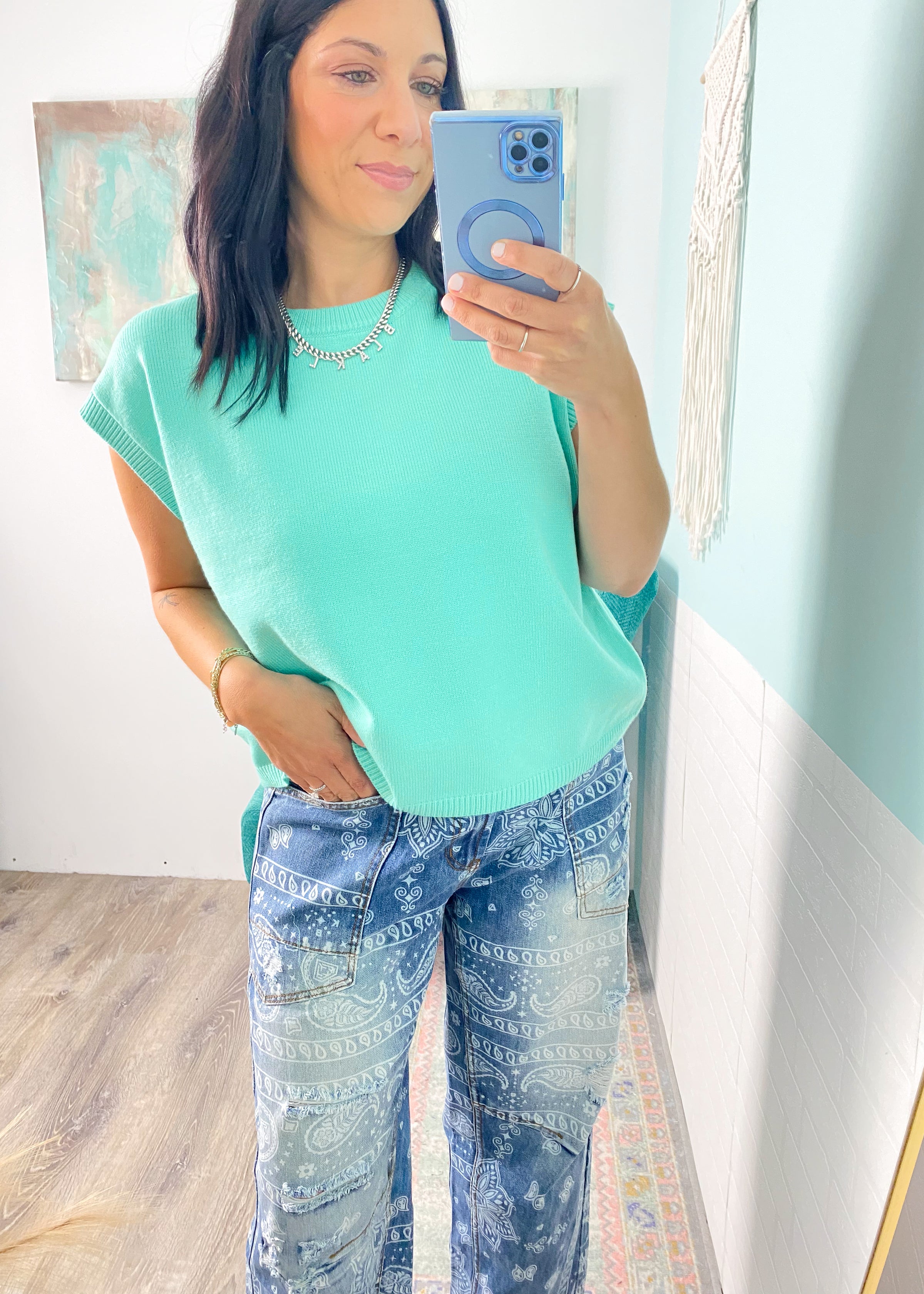 'The Flirt' Mint Short Sleeve Slouchy Sweater