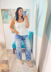 'Brunch Babe' Off White Eyelet Trim Peplum Top