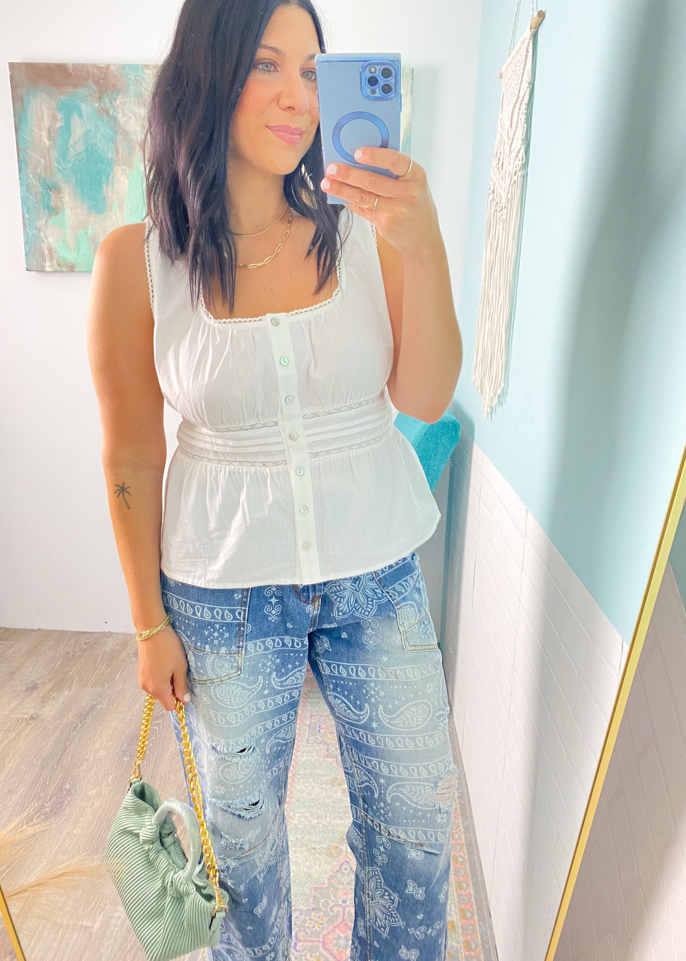 'Brunch Babe' Off White Eyelet Trim Peplum Top