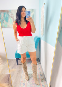 'Catch Flights' Red V-Neck  Lace Seamless Crop Tank