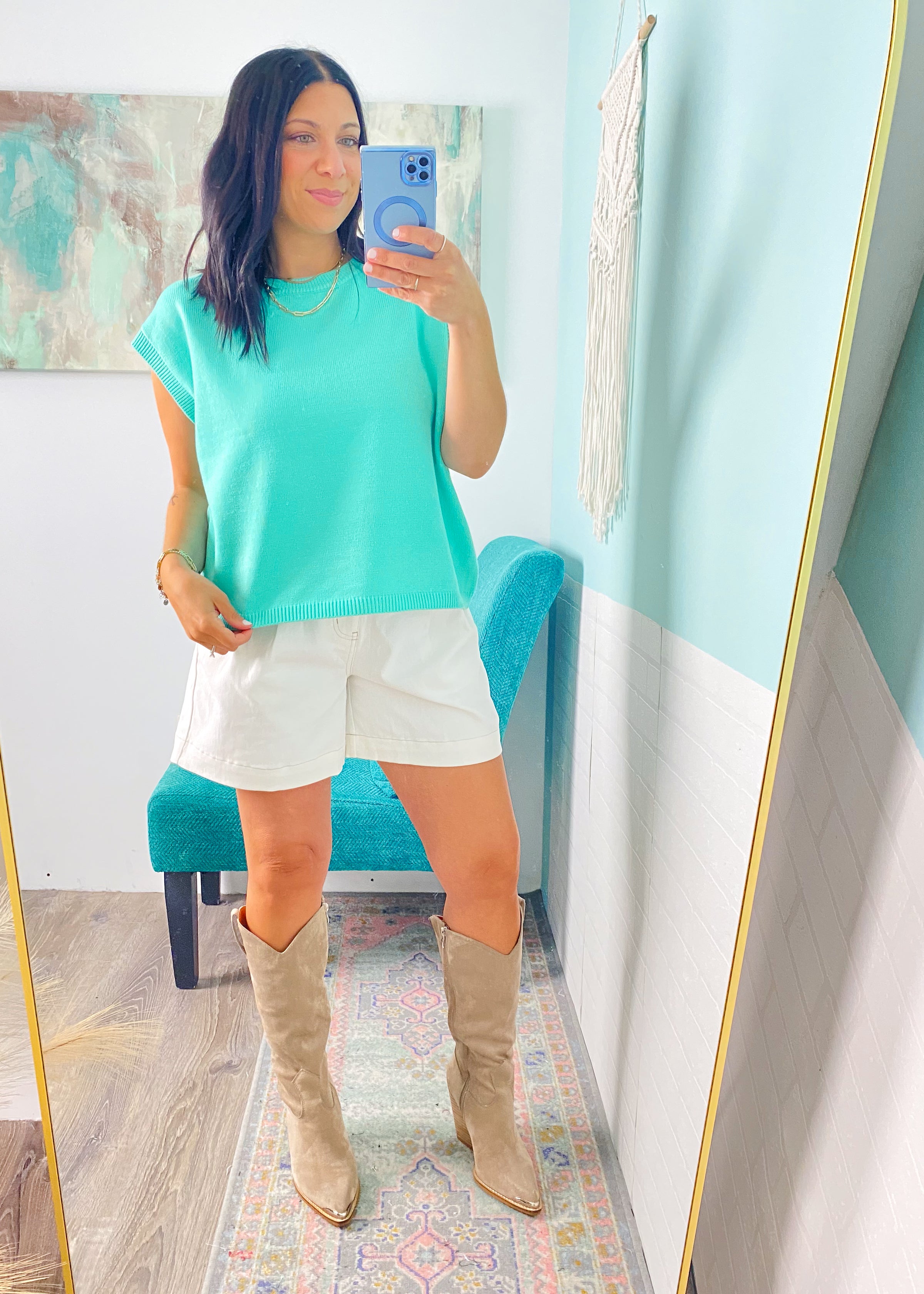 'The Flirt' Mint Short Sleeve Slouchy Sweater