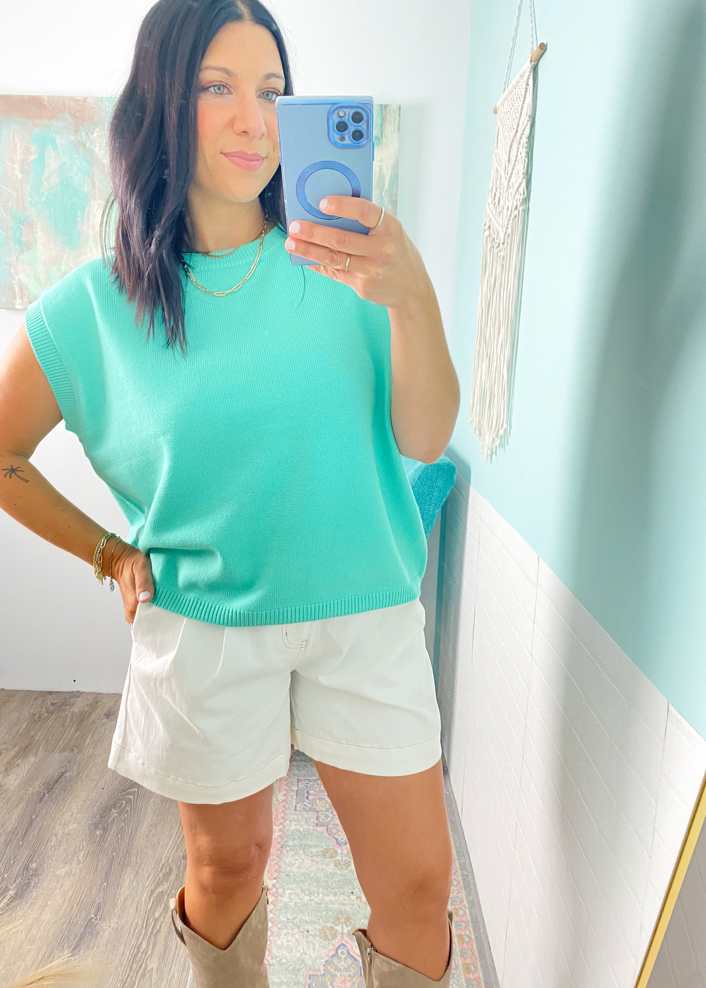 'The Flirt' Mint Short Sleeve Slouchy Sweater