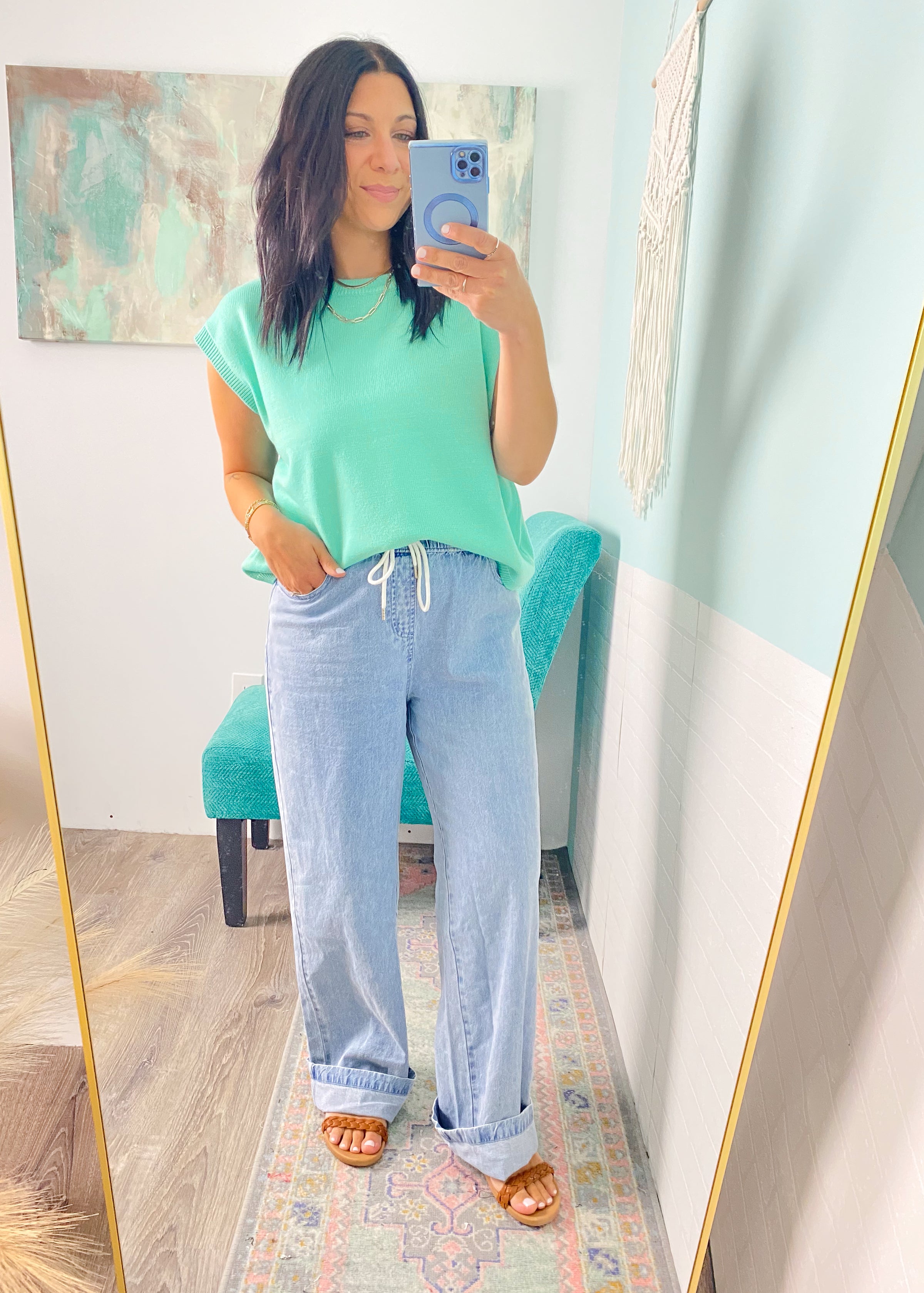 'The Flirt' Mint Short Sleeve Slouchy Sweater
