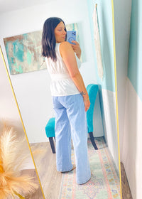 'Brunch Babe' Off White Eyelet Trim Peplum Top