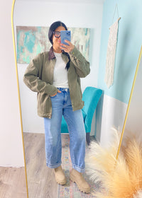 'Willow' Olive Twill Barn Jacket with Corduroy Collar