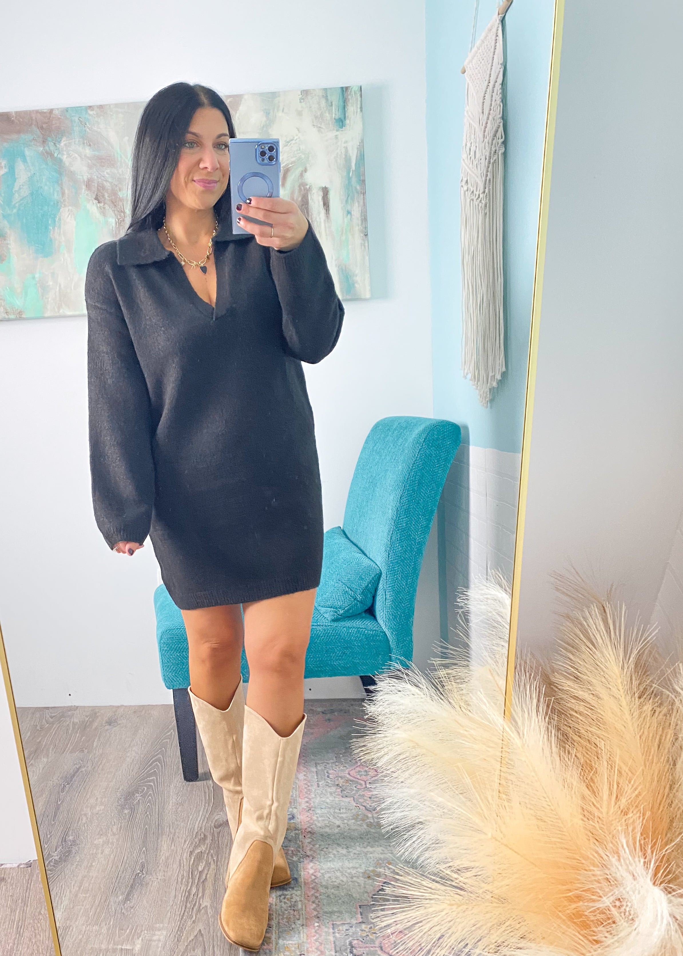 'Nora' Black Polo Sweater Dress