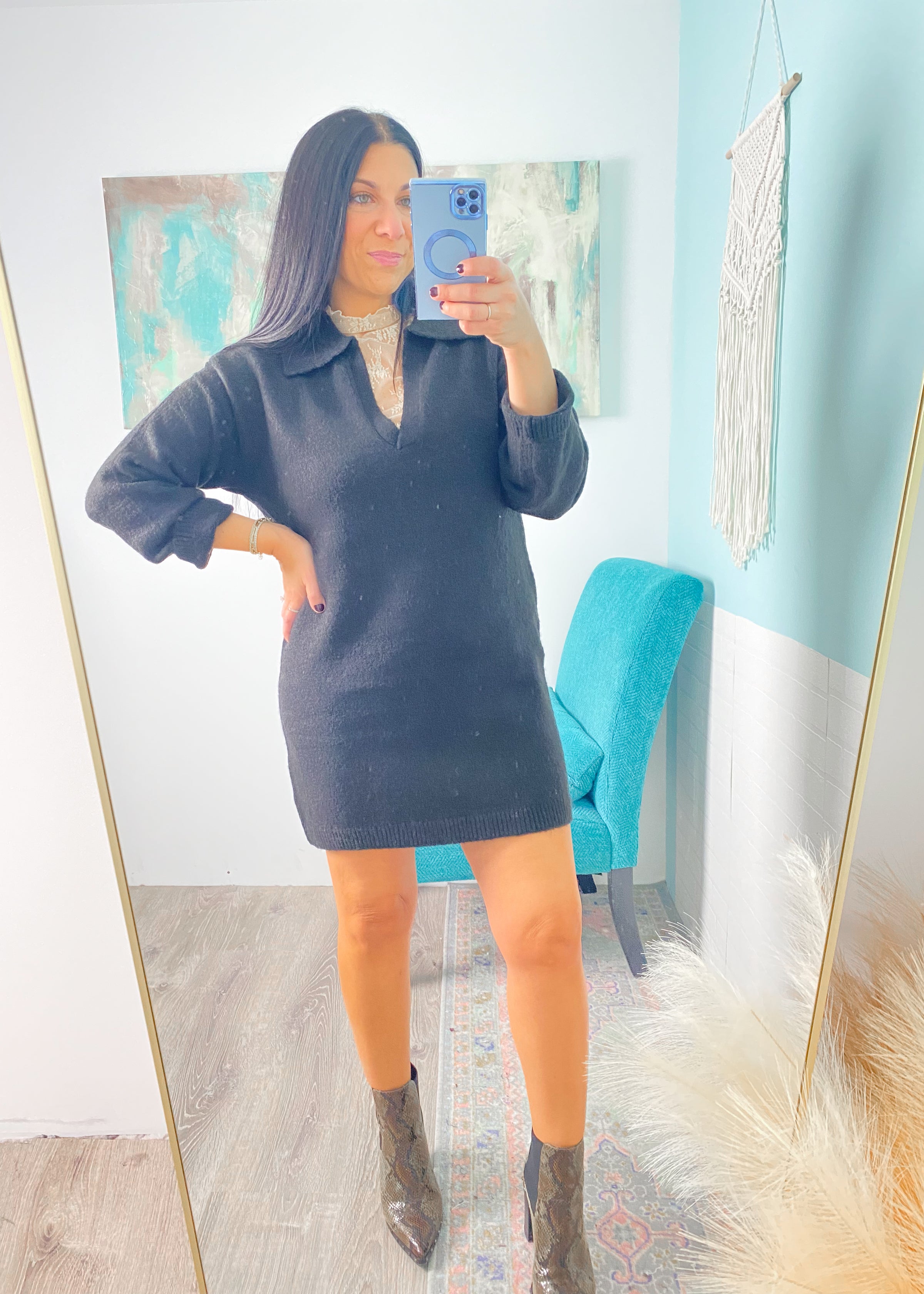 'Nora' Black Polo Sweater Dress