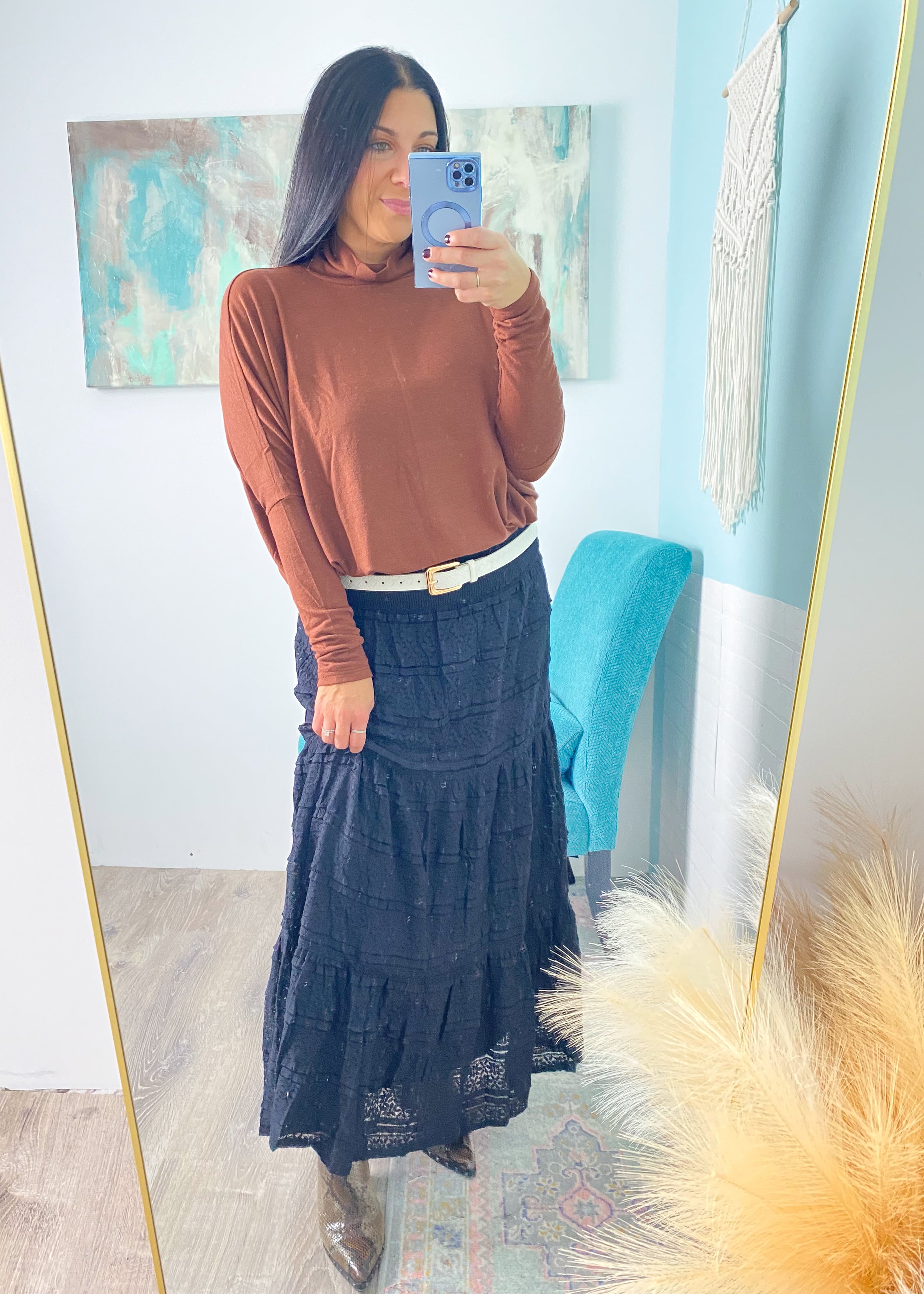 'Esther' Chestnut Mock Neck Draped Knit