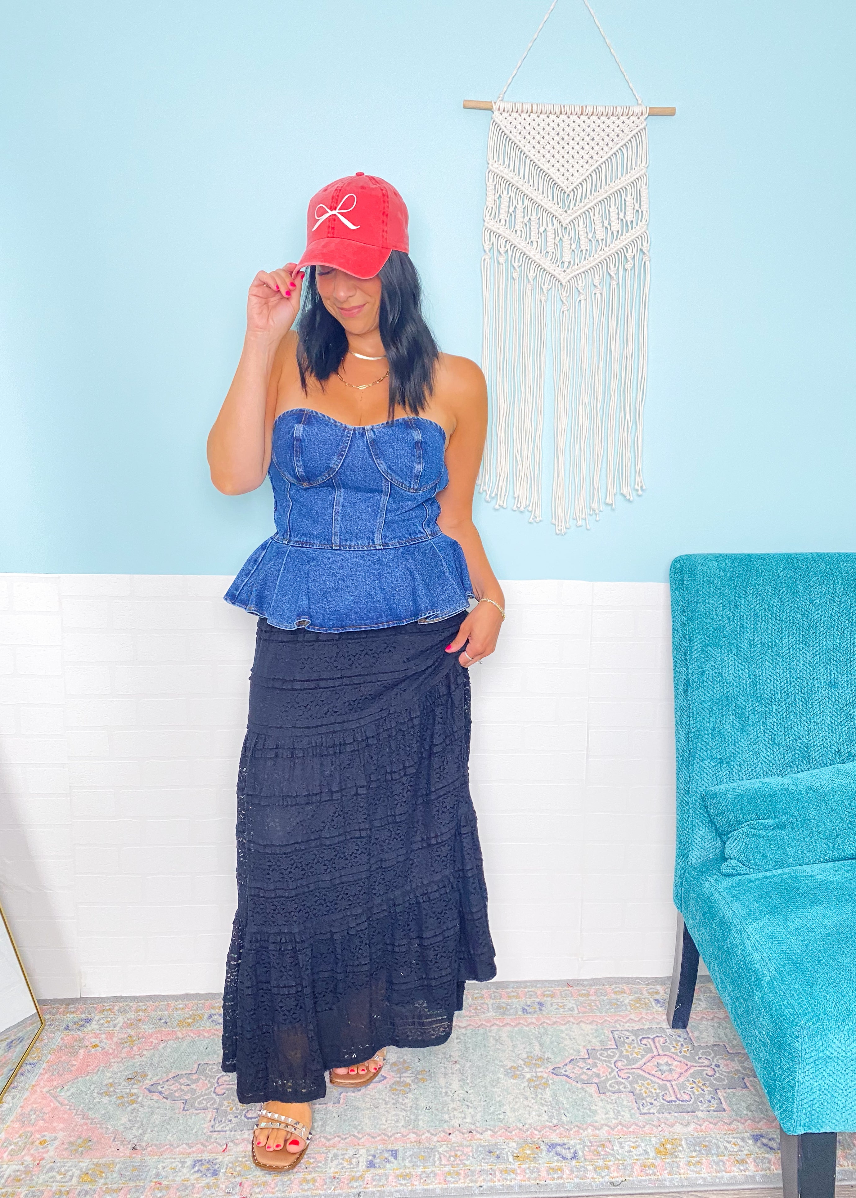 【2回着用】layered peplum denim jumper skirt Strapless Denim Peplum Top | Denim Going Out Top | Cali Moon Boutique