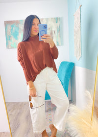 'Esther' Chestnut Mock Neck Draped Knit