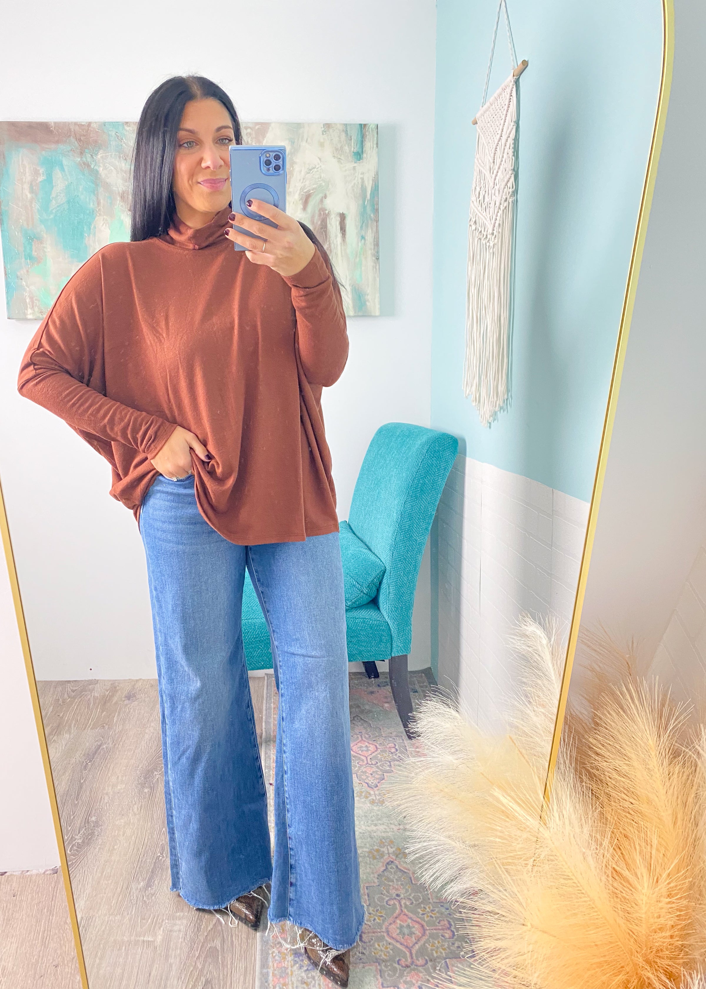 'Esther' Chestnut Mock Neck Draped Knit