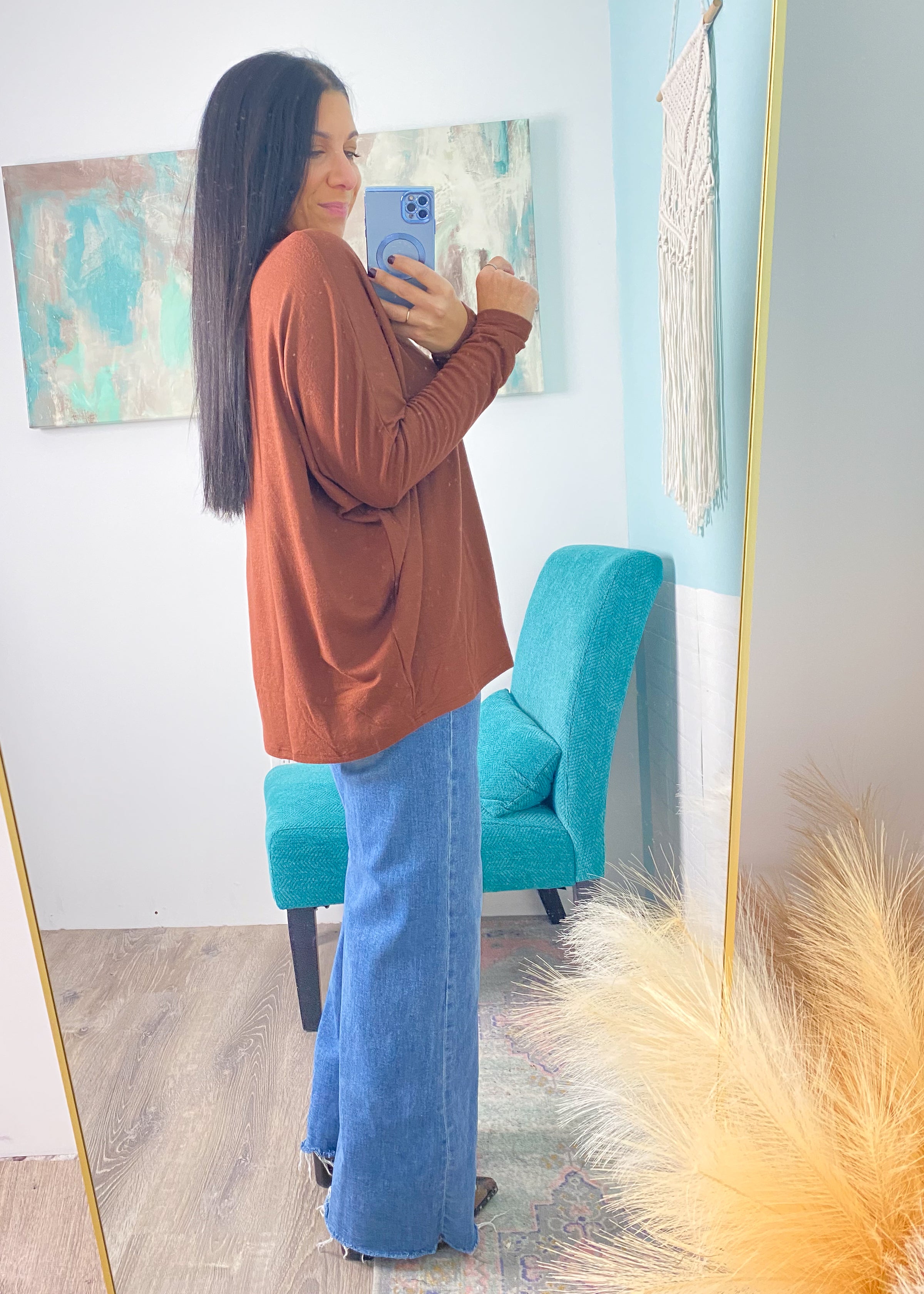 'Esther' Chestnut Mock Neck Draped Knit