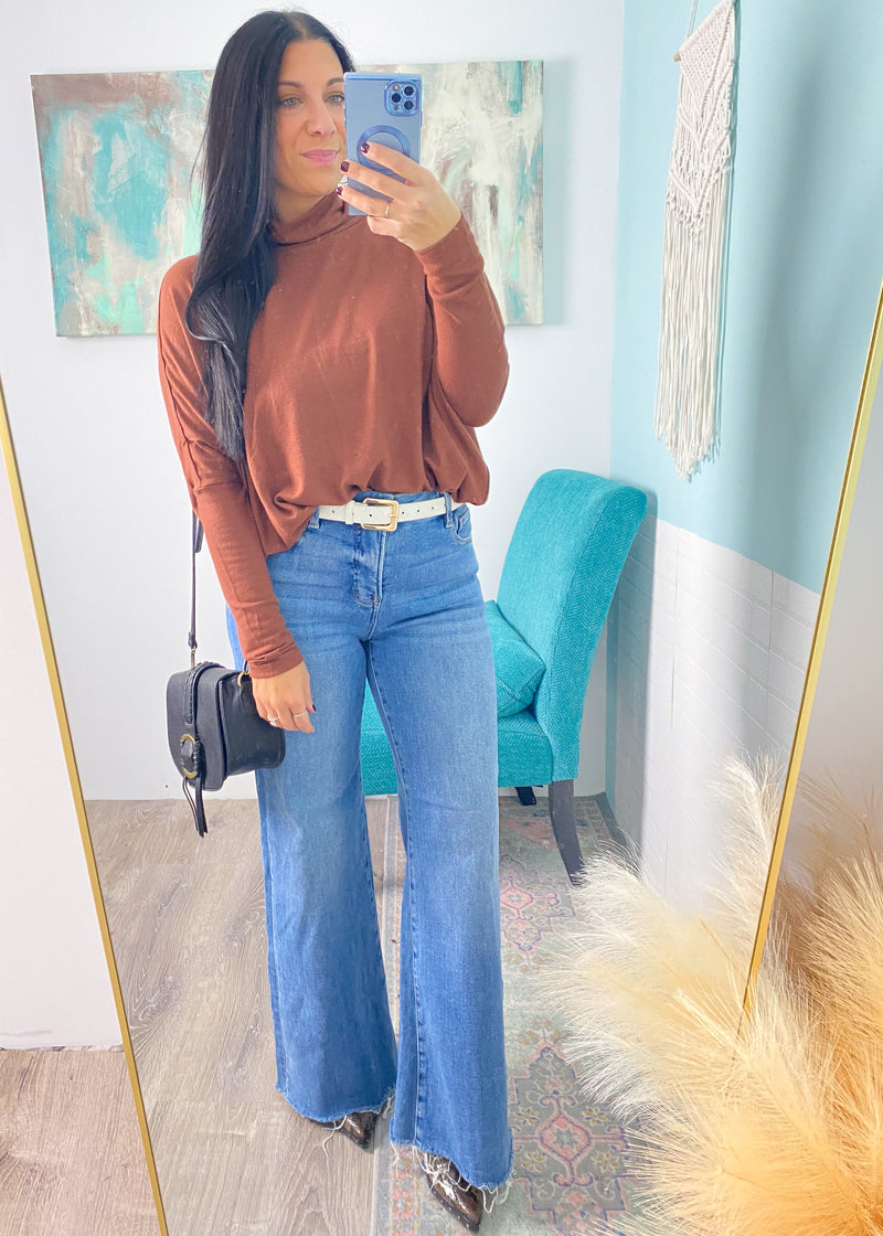 'Esther' Chestnut Mock Neck Draped Knit