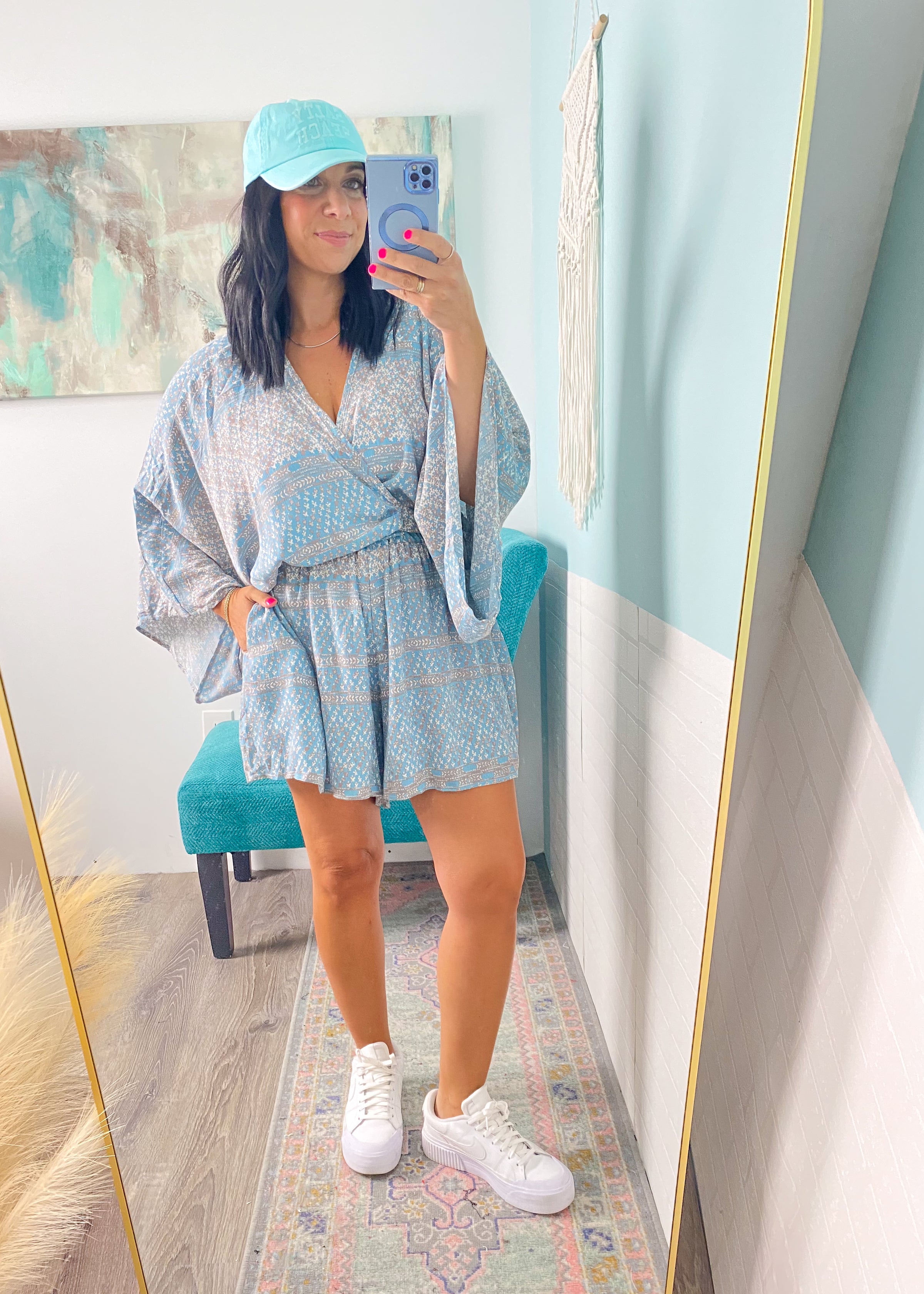 'Coastal Escape' Blue Boho Print Kimono Romper