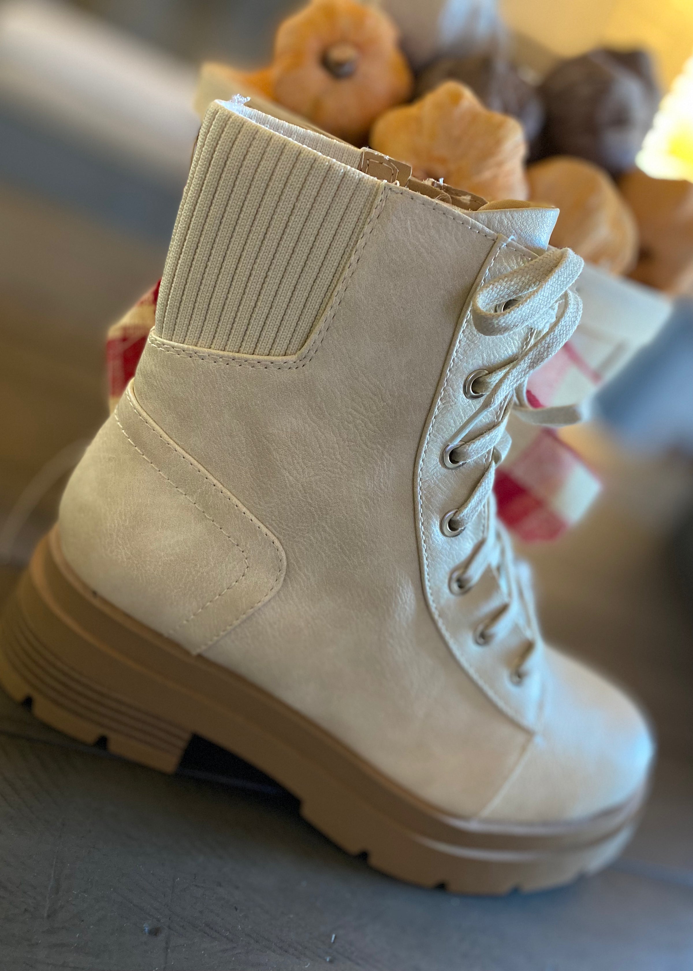 Camryn Cream Lace Up Combat Boot With Stretch Knit Back