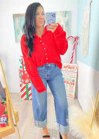 'Everyday Luxe' Heather Red Rolled Neck Soft Cardigan