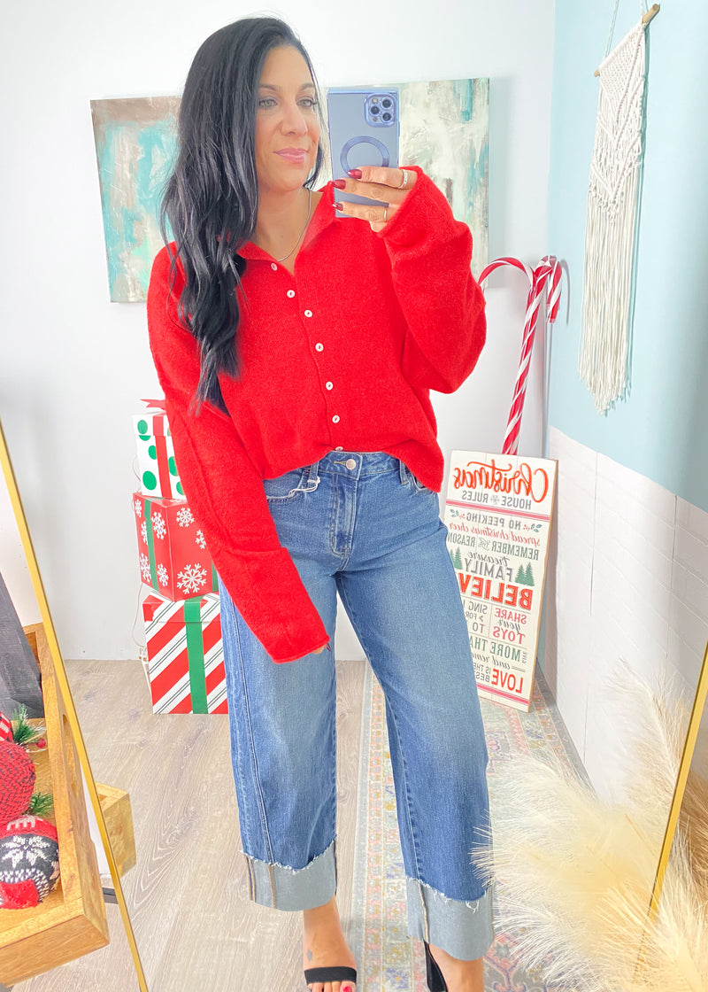 'Everyday Luxe' Heather Red Rolled Neck Soft Cardigan