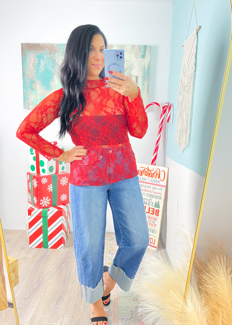 'Delicate Love' Red Sheer Lace Top