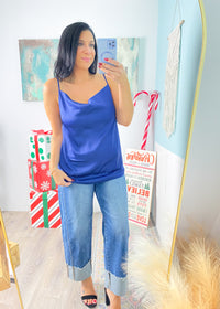 'Blue Moon' Navy Charmeuse Cowl Neck Top