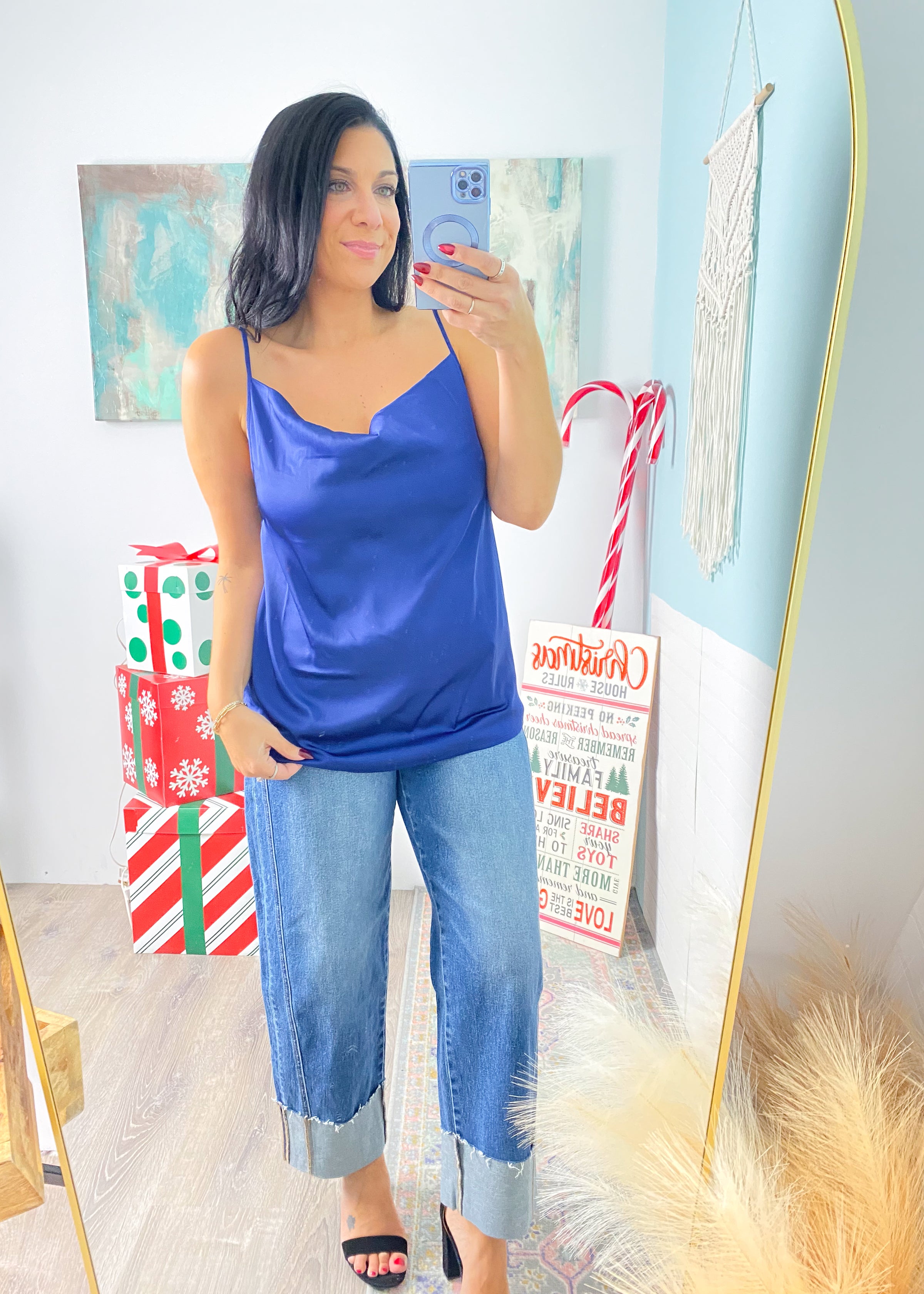 'Blue Moon' Navy Charmeuse Cowl Neck Top