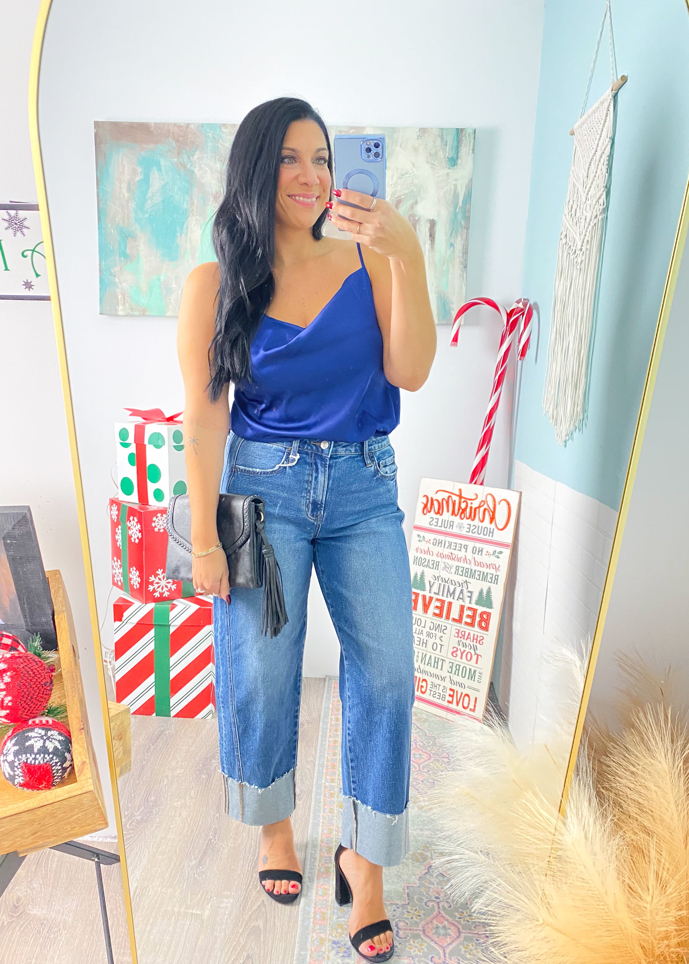 'Blue Moon' Navy Charmeuse Cowl Neck Top