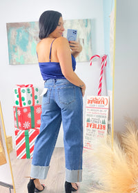 'Blue Moon' Navy Charmeuse Cowl Neck Top