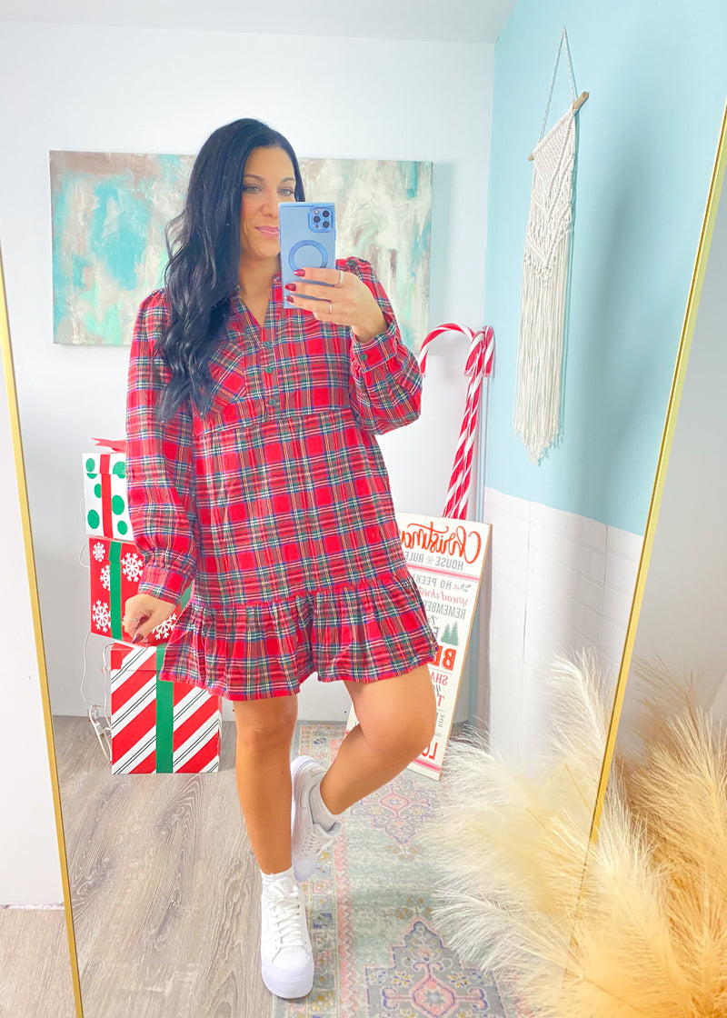 'Merry Mini' Red Plaid Ruffle Mini Dress