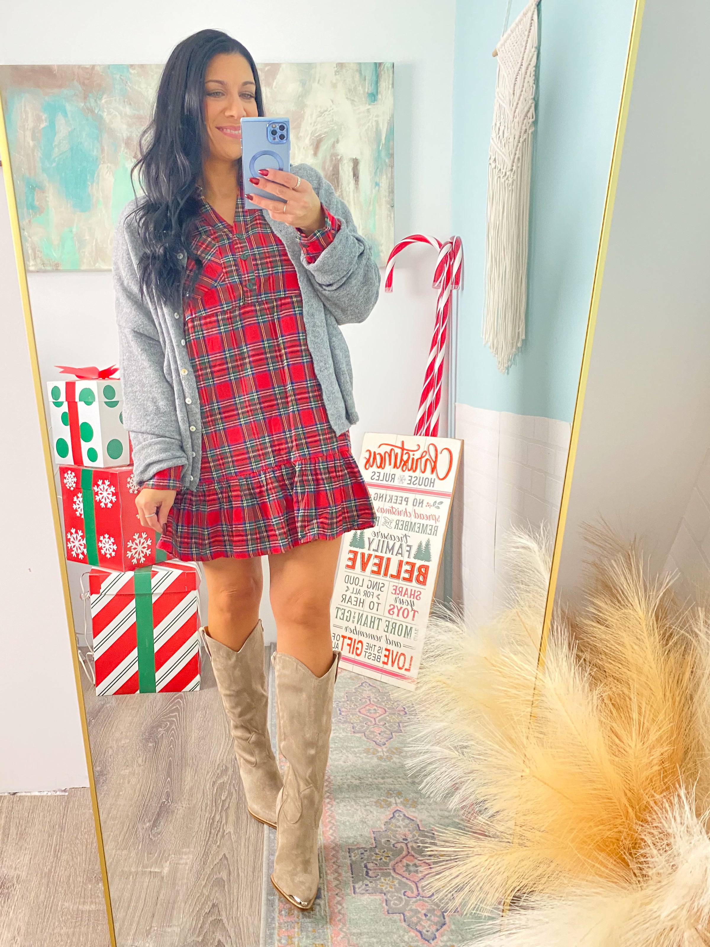 'Merry Mini' Red Plaid Ruffle Mini Dress