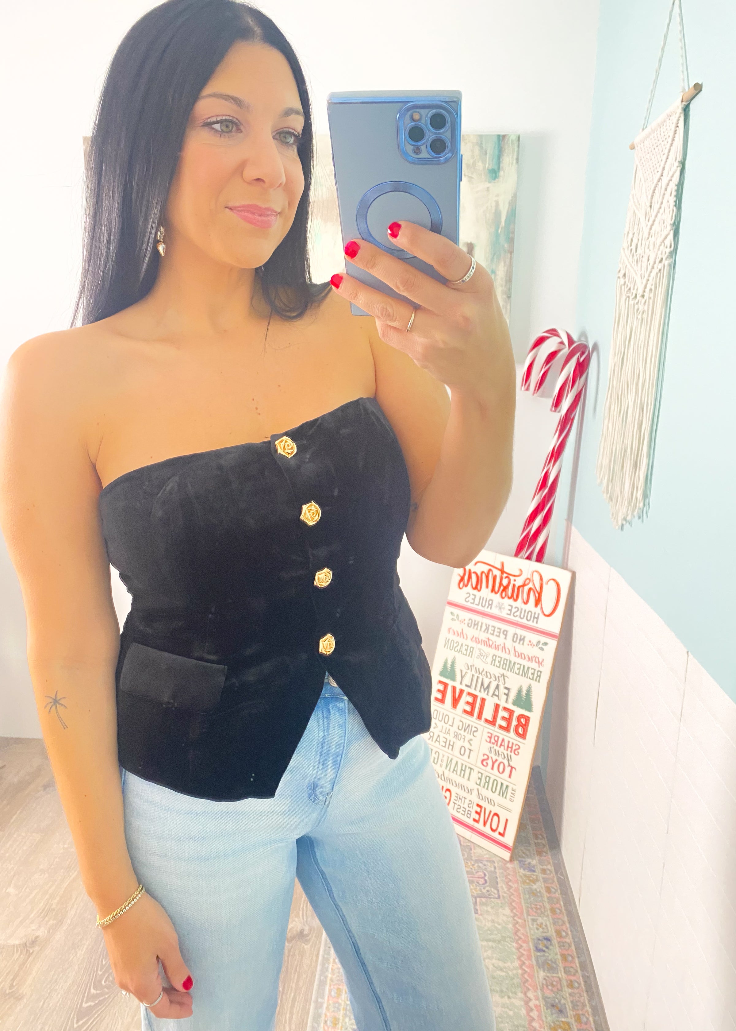 'Midnight Rose' Black Velvet Strapless Vest with Rose Buttons