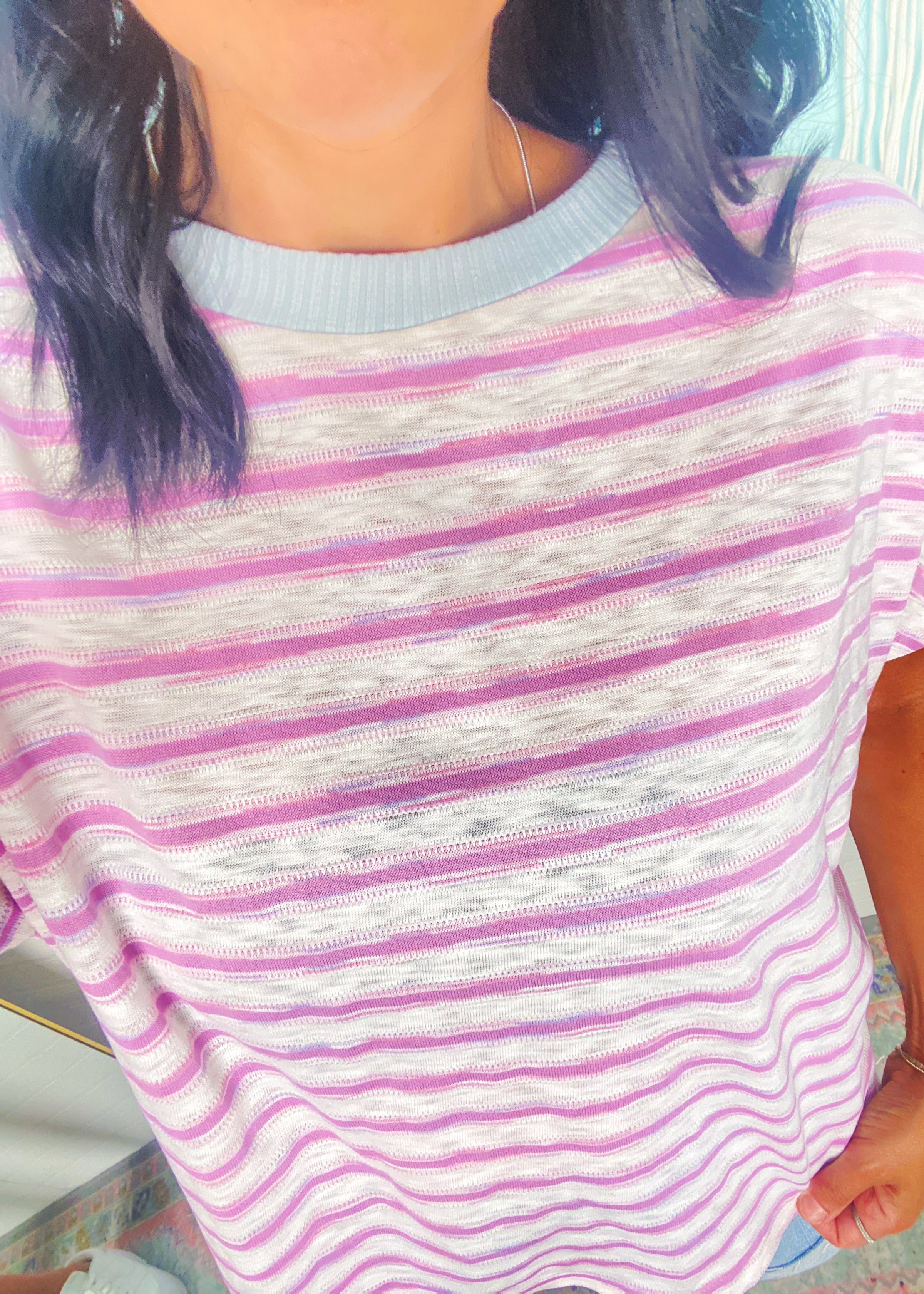 'Sugar Skies' Lavender Stripe Textured Top with Contrast Collar