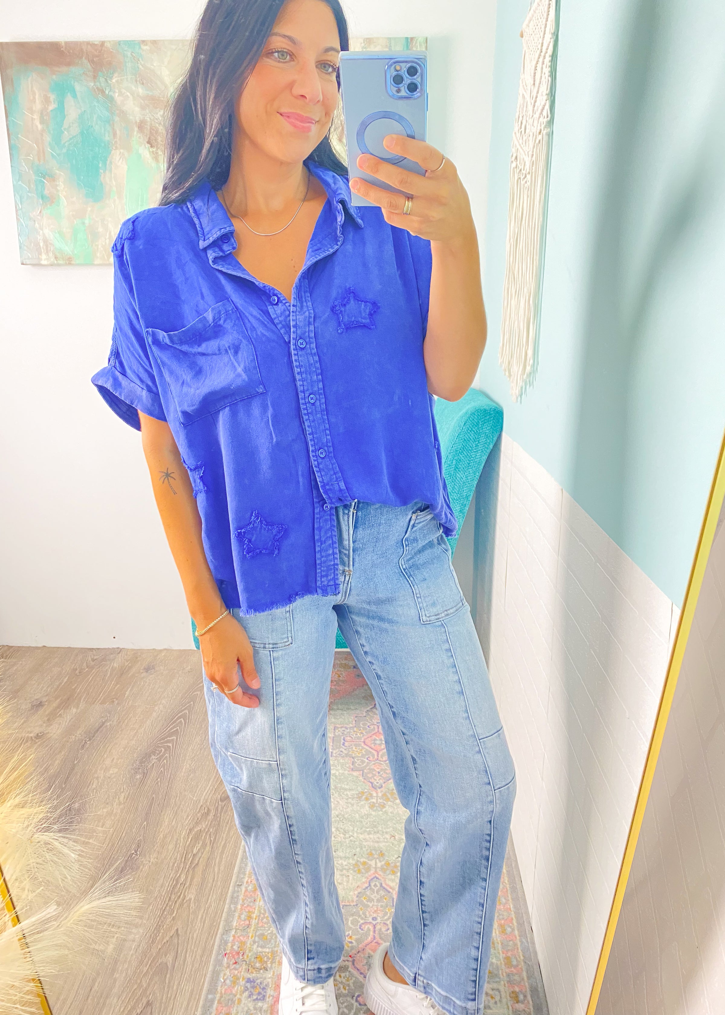 'Starstruck' Washed Blue Star Patch Soft Shirt