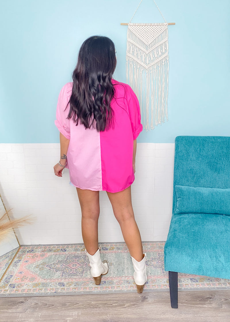 'Pink Panther' Two Tone Pink Colorblock Oversized Button Front Shirt-Make a statement with this standout two tone colorblock top. The dual shades of pink compliment each other perfectly and the oversized fit and functional buttons lend many outfit options! The lightweight fabric works well all Spring &amp; Summer and can be worn with&nbsp; jeans, short, skirts and more. Style it buttoned and unbuttoned for different looks. Add a long sleeve lace top underneath for a layered look.-Cali Moon Boutique, Plainvi