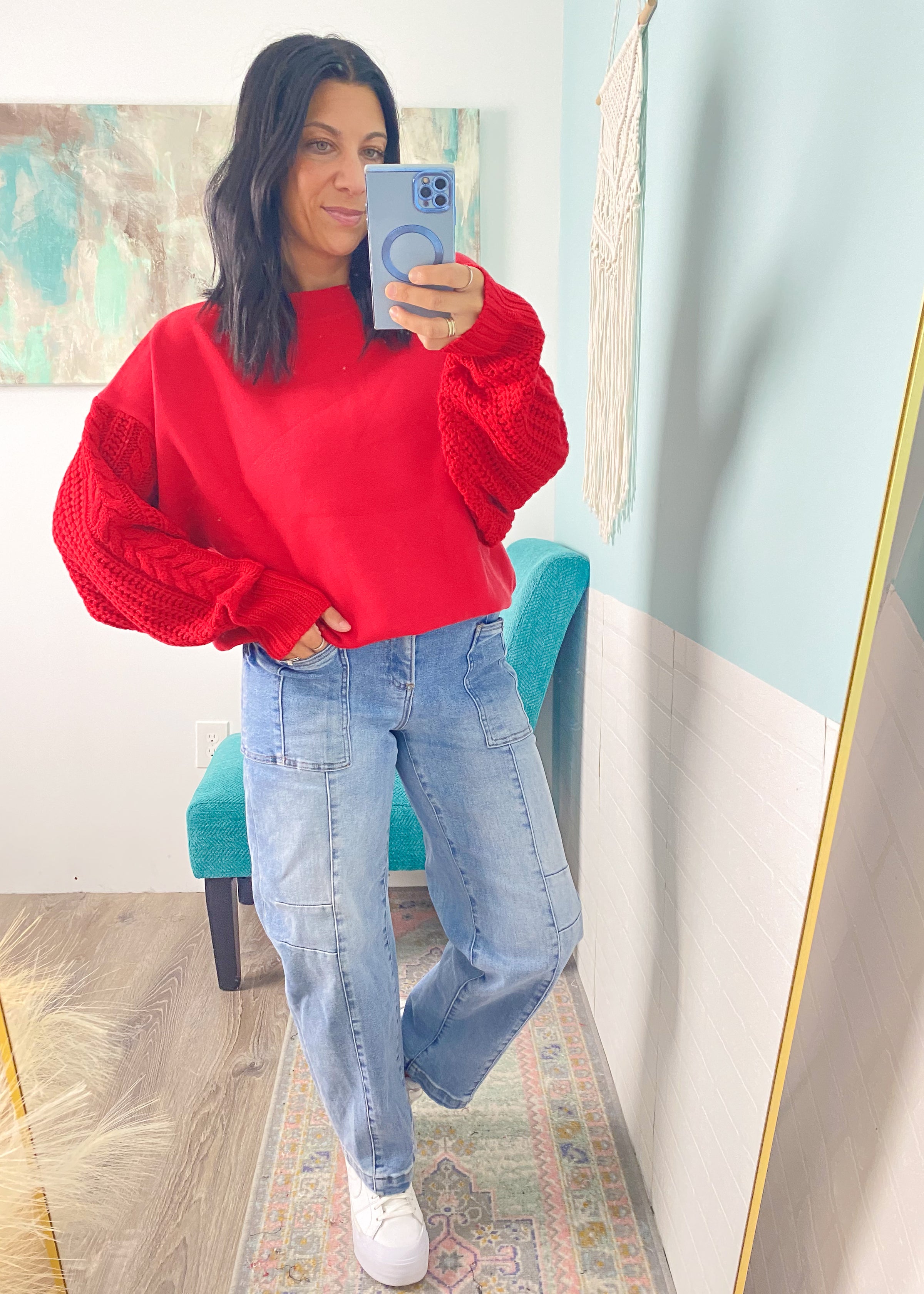 'All in the Details' Red Oversized Cable Sleeve Sweater