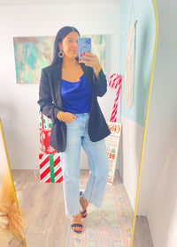 'Blue Moon' Navy Charmeuse Cowl Neck Top